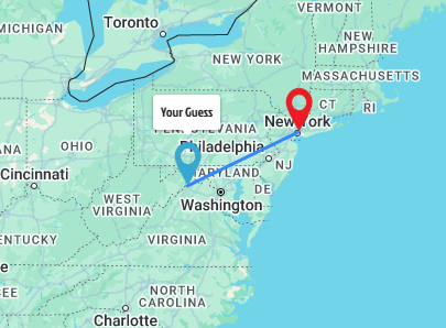 The result map after a guess: the guessed pin near Washington and the real location in New York, joined by a line